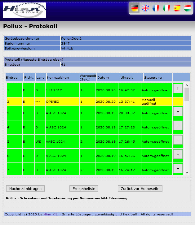 Pollux-Webkonsole-Protokoll
